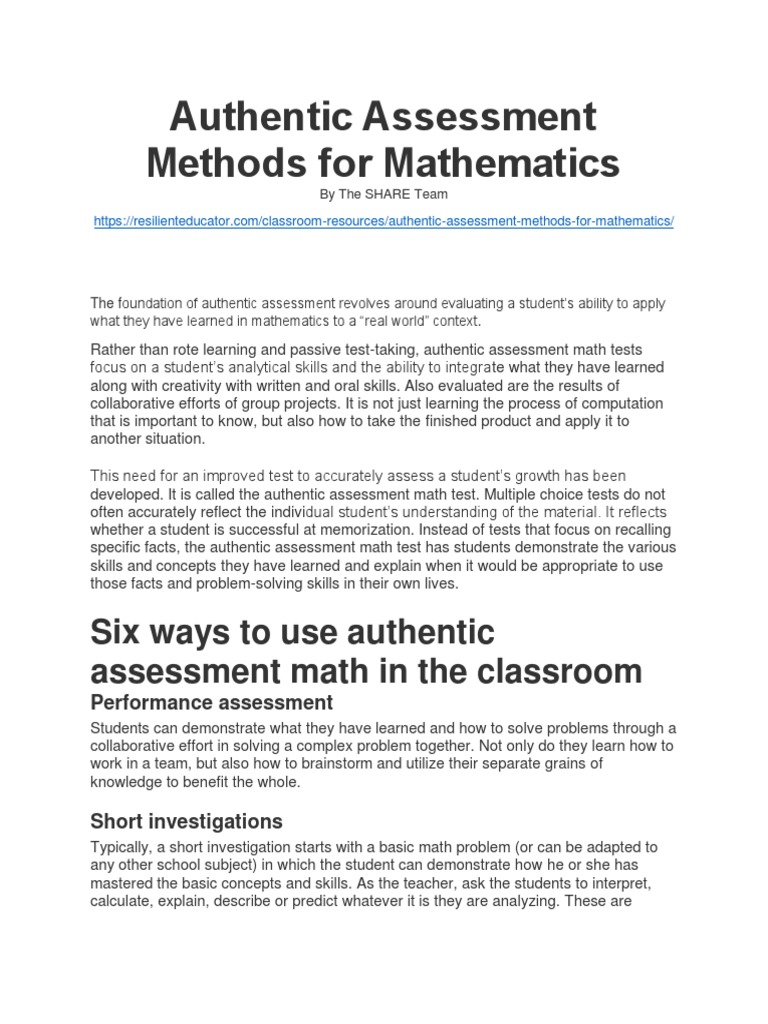 Authentic Assessment Methods For Mathematics Notes | PDF | Educational ...
