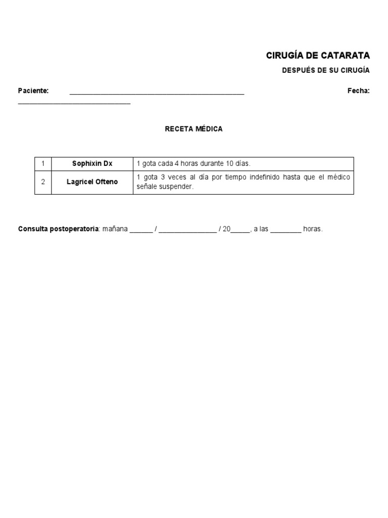 Recetas Médicas e Indicaciones Postquirúrgicas Catarata PDF