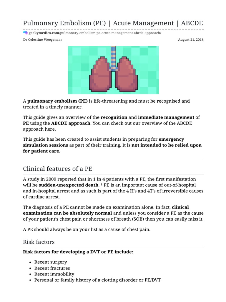 Pulmonary Embolism (PE) - Acute Management - ABCDE | PDF | Wellness ...