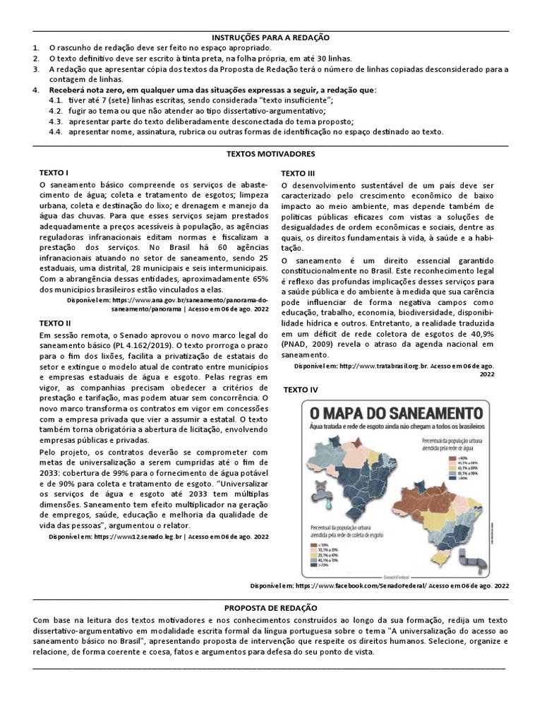 Proposta de Redação ENEM - Saneamento Básico | PDF | Saneamento | Águas ...