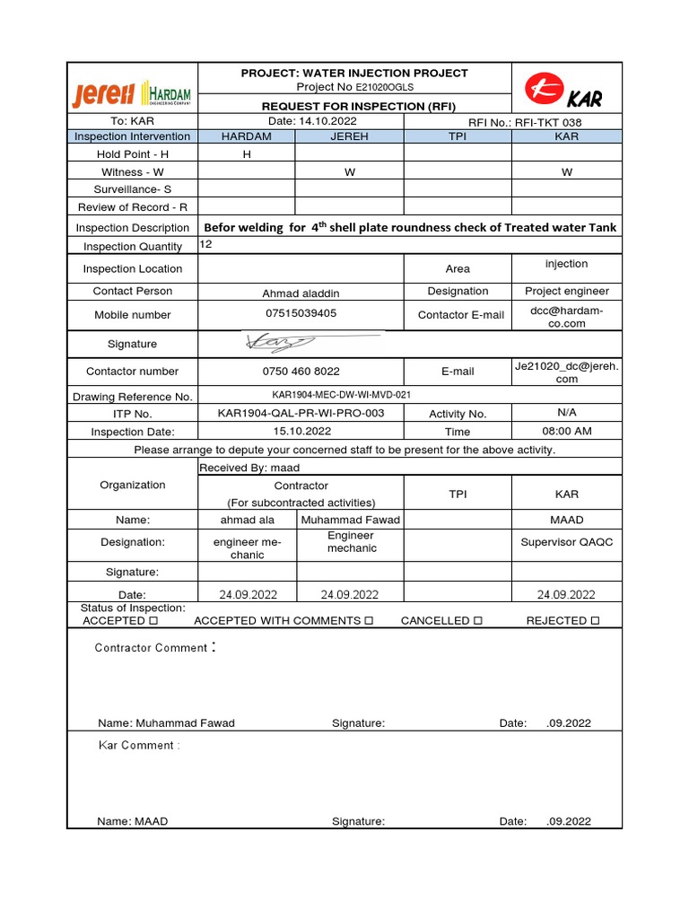 RFI-TKT 038-Befor Welding 4 TH Shell Plate For Roundness Check of ...