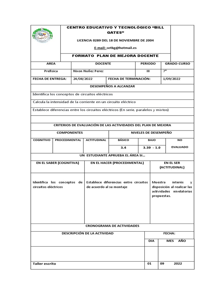 Formato Plan de Mejora Prefisica 7°c | PDF | Ingenieria Eléctrica ...