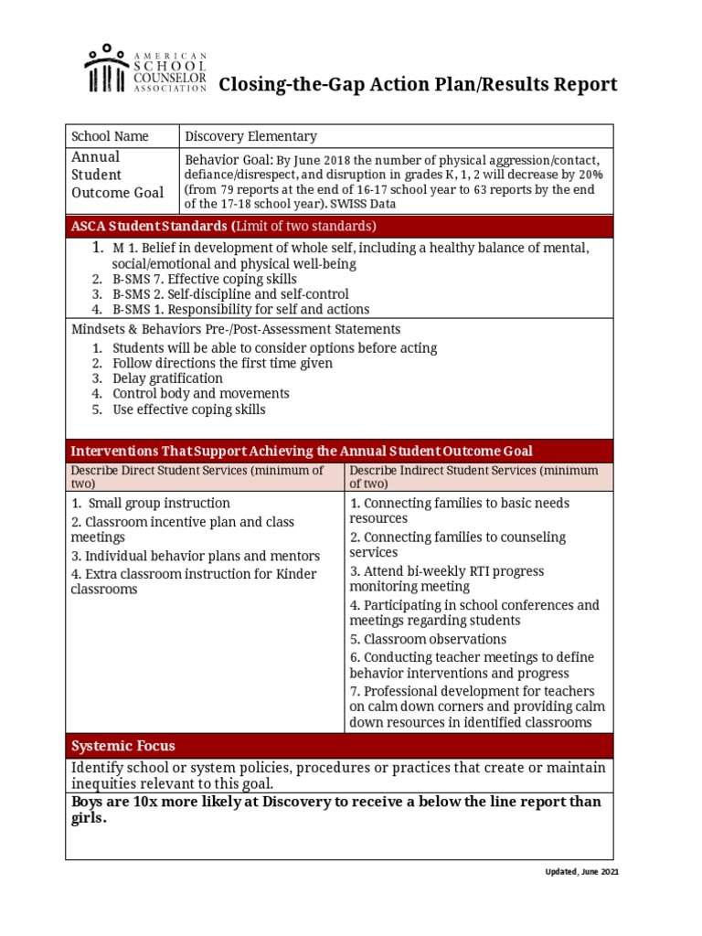 Behavior ClosingTheGapActionPlanAndResultsReport PDF Goal