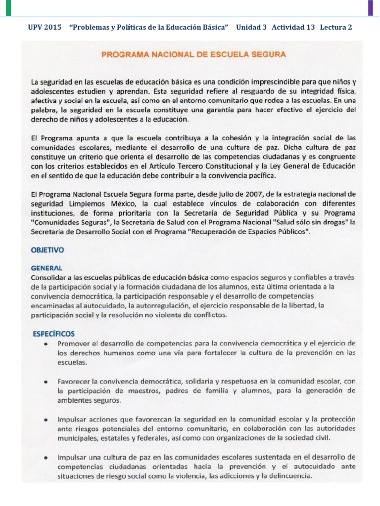 Programa Nacional de Escuela Segura | PDF