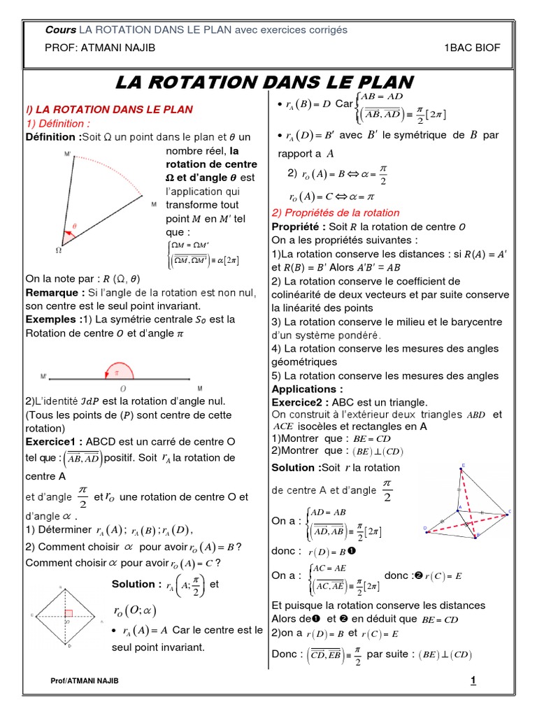 La Rotation Dans Le Plan Cours Et Exercices Corriges 1 | PDF | Angle ...
