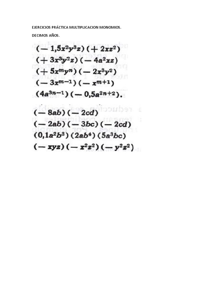 Ejercicios De Multiplicacion De Monomios