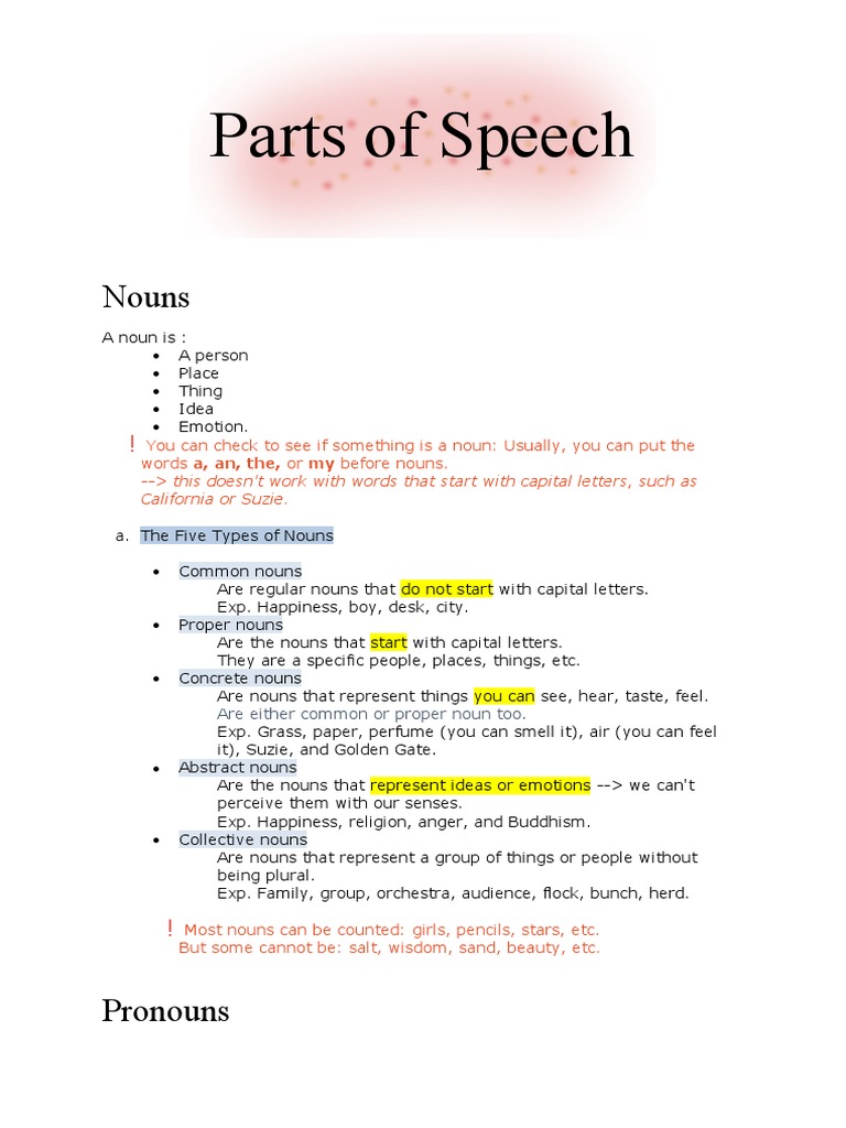 PARTS OF SPEECH EXAMPLES SENTENCES PDF visual data 2