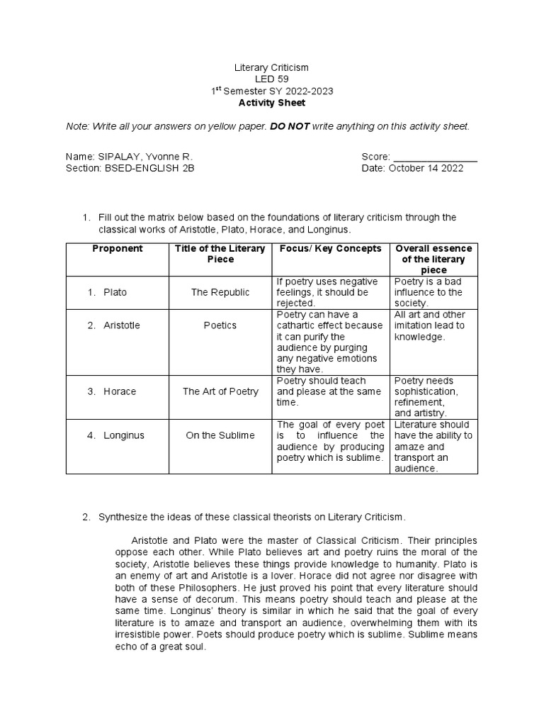 LED 59 Activity 3 PDF Aristotle Literary Criticism