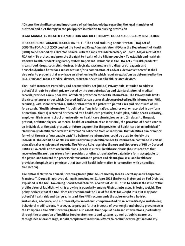 Legal Mandates Related To Nutrition and Diet Therapy Food and Drug