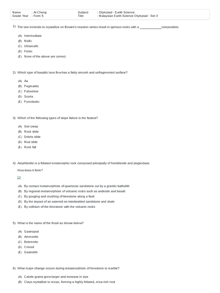 Malaysian Earth Science Olympiad Set 3 Pdf Earthquakes Rock