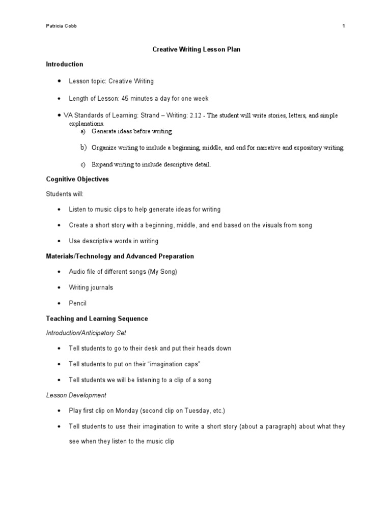 creative writing lesson plan quarter 2