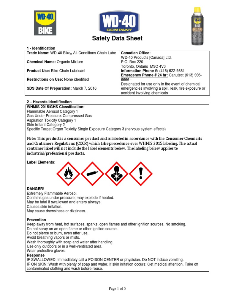 WD 40 Bike All Conditions Chain Lube Can Ghs Sds PDF Firefighting