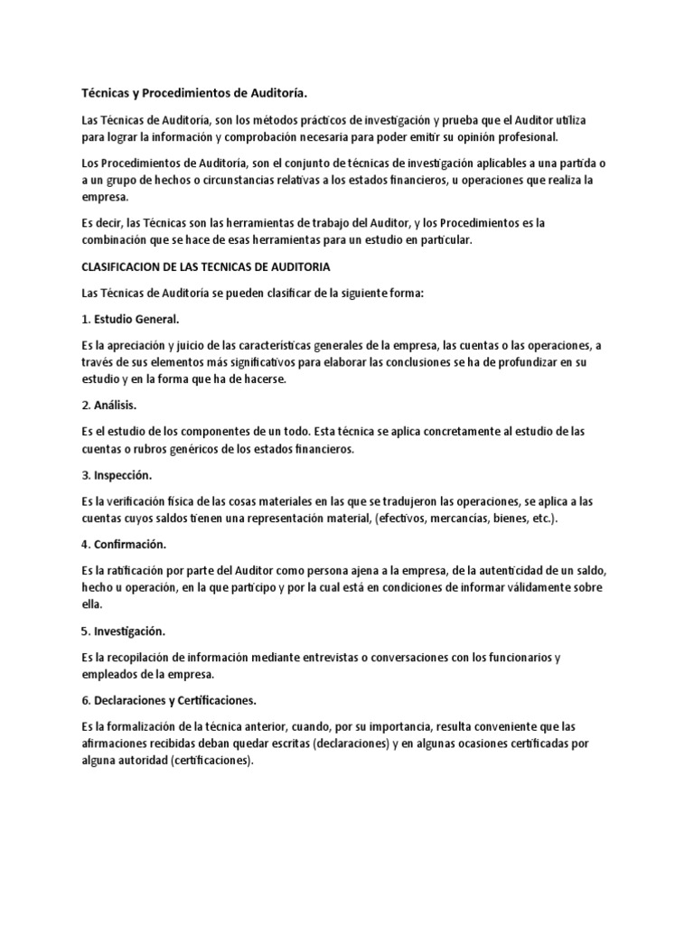 Técnicas y Procedimientos de Auditoría | PDF | Auditoría | Contralor