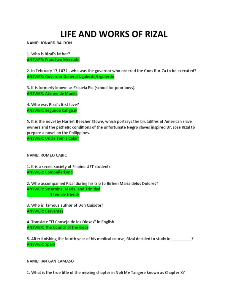 Rizal Questions | PDF | Philippines