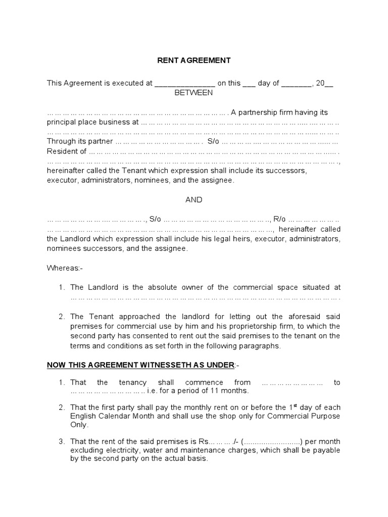 Sample Rent Agreement Partnership | PDF | Home & Garden