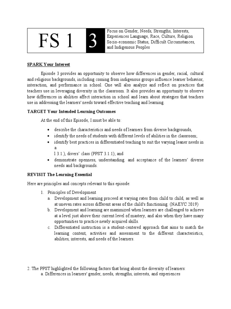 FS 1 Ep. 3 | PDF | Differentiated Instruction | Learning