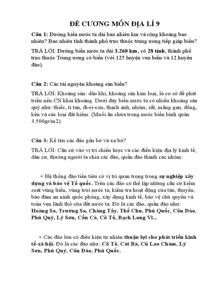 Đề Cương Môn Địa Lí 9 | PDF