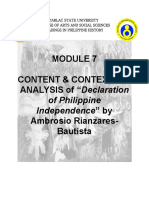 Module 7 SS1C (CONTENT & CONTEXTUAL ANALYSIS of "Declaration of Philippine Independence" by Ambrosio Rianzares-Bautista)