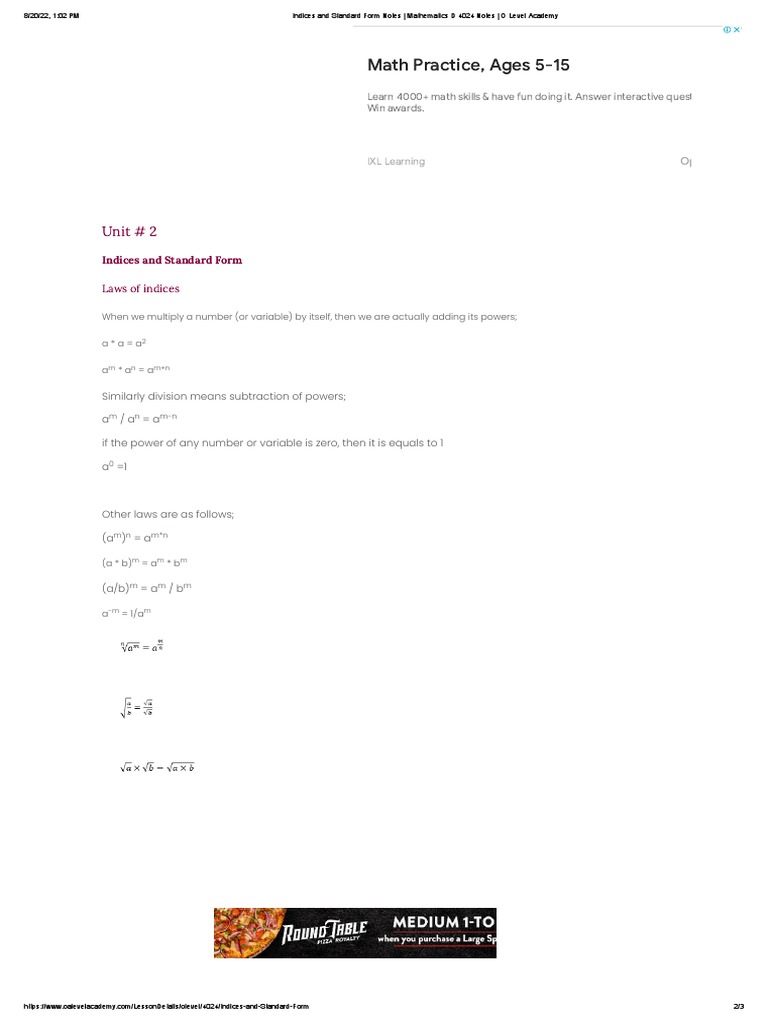 Indices and Standard Form Notes Mathematics D 4024 Notes O Level