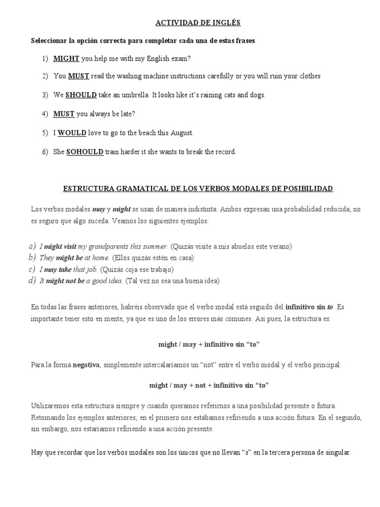Estructura de Verbos Modales en Inglés | PDF | Verbo | Oración ...