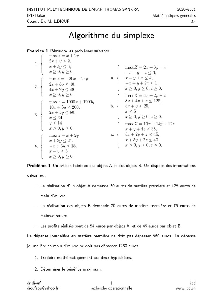 Exercices sur la méthode du simplexe | PDF | Optimisation linéaire ...