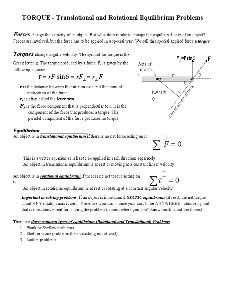 Equilibrium Activity Sheet PDF Torque Force