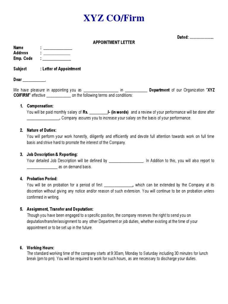 Appointment Letter for Employment at XYZ CO | PDF | Non Disclosure ...