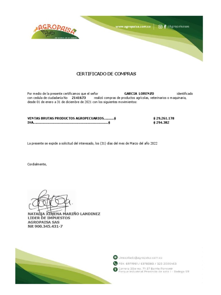 Certificado de Compras | PDF