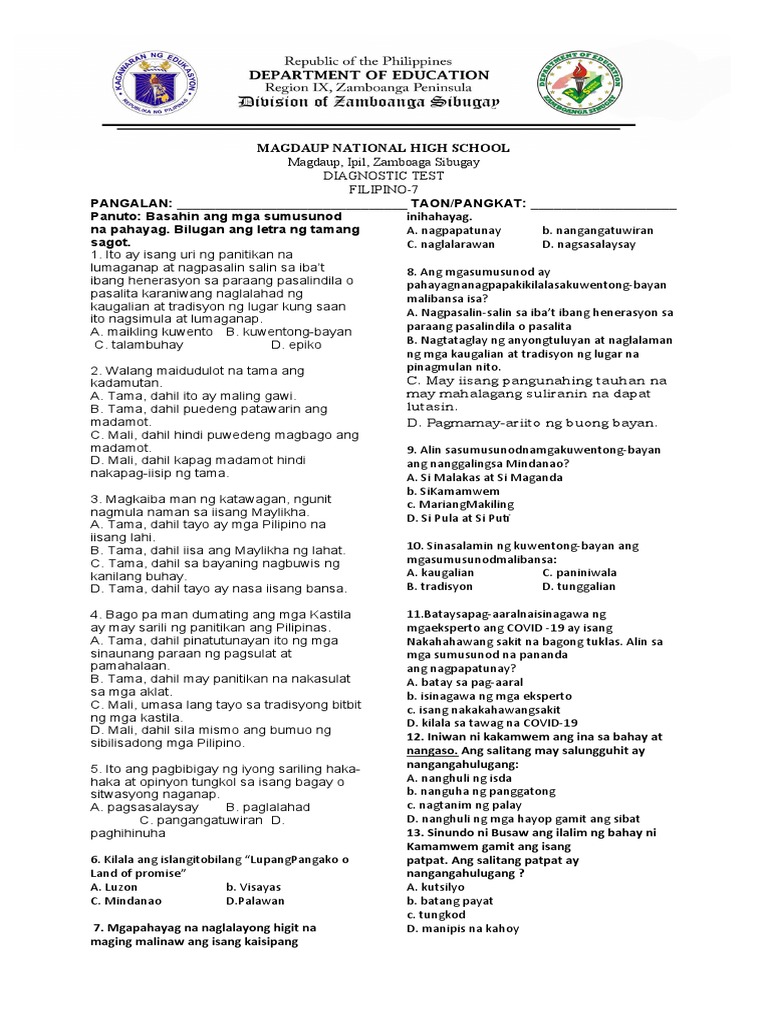 Diagnostic Test Filipino PDF