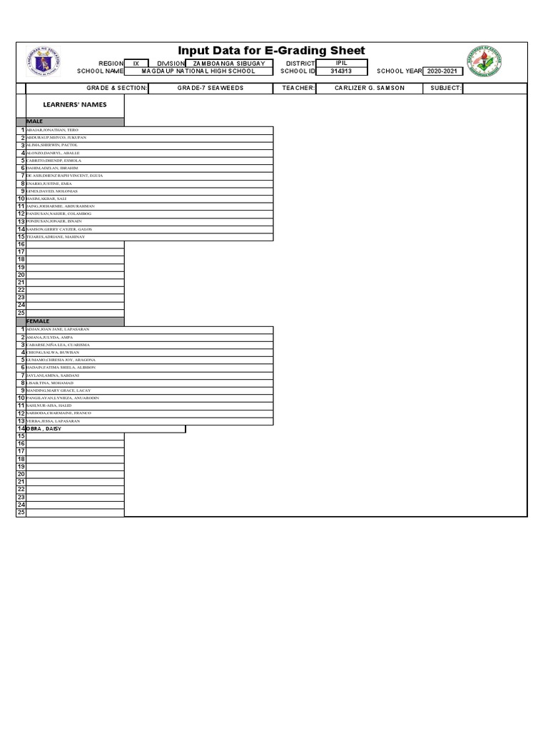 E-Grading Sheet for Grade 7 Seaweeds | PDF