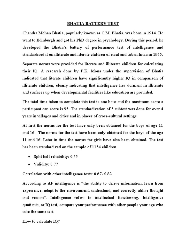 Bhatia Battery Test PDF Intelligence Quotient Intelligence