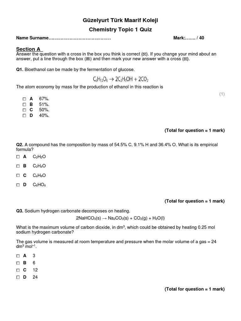 Topic 1 Quiz PDF Mole (Unit) Magnesium