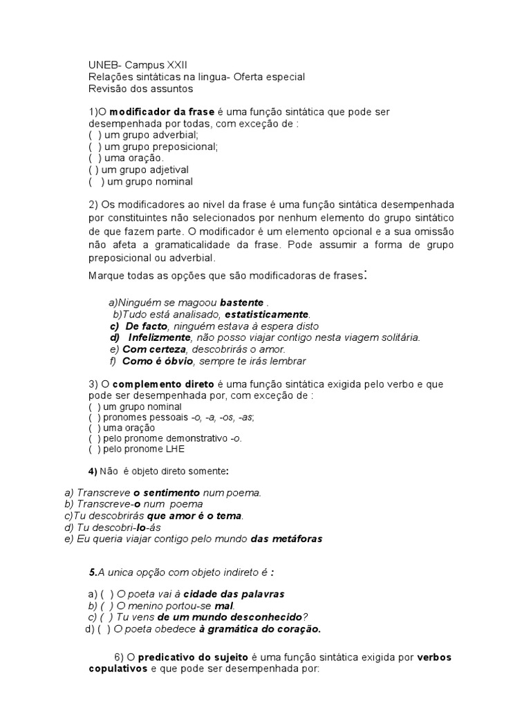 Atividade De Revisão Funções Sintaticas Sintagmas E Pronomes Relativos