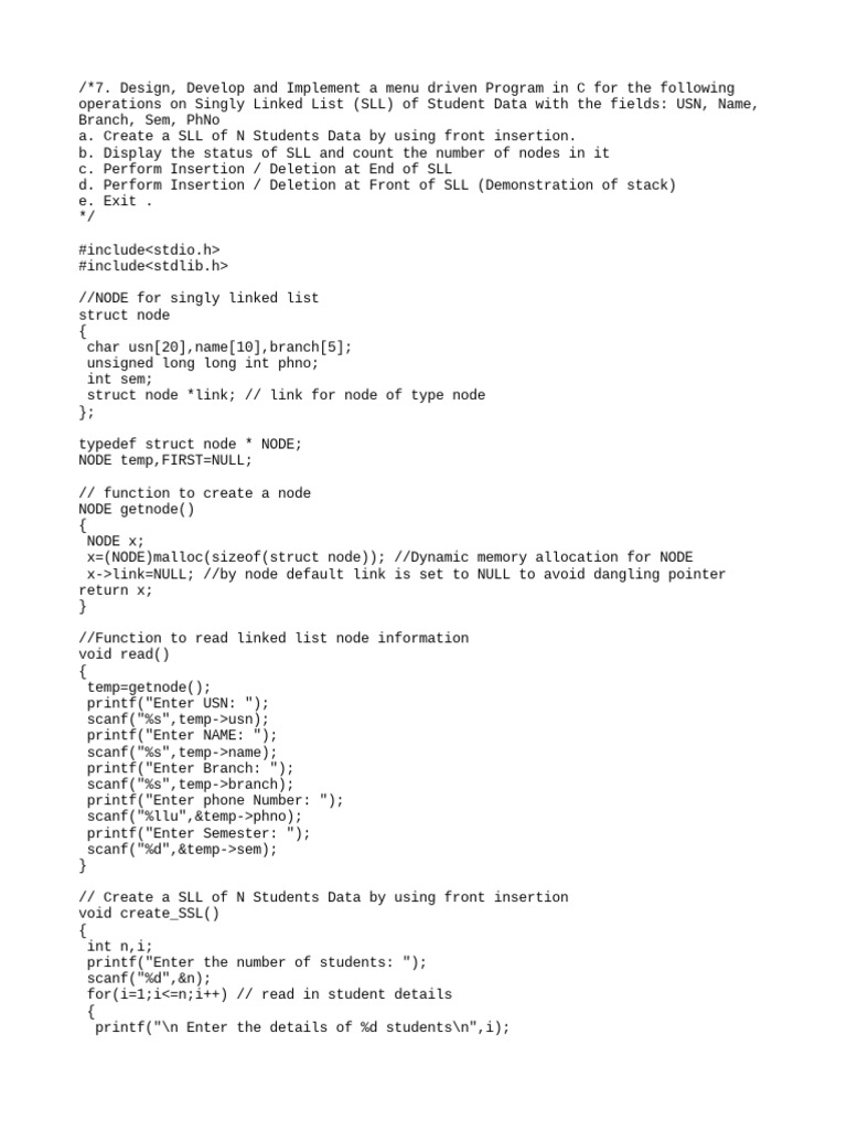 C Program for Student SLL Operations | PDF