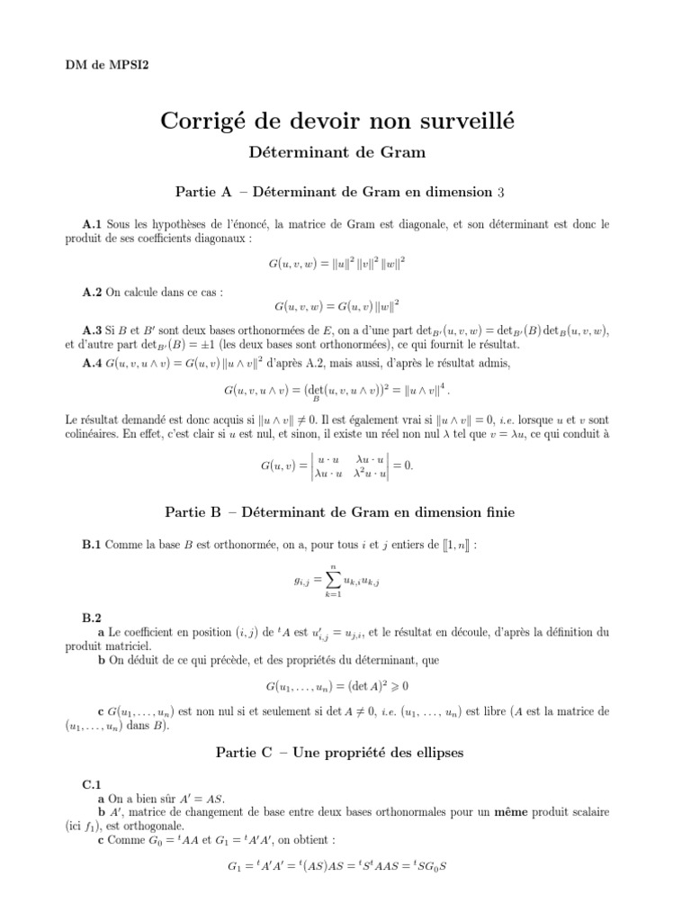 DM Determinant de Gram Corrige | PDF | Matrice (Mathématiques ...