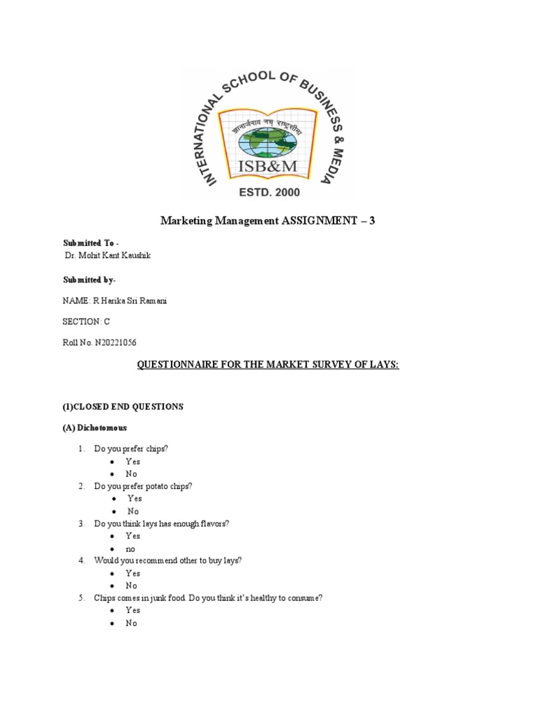 Questionnaire For The Market Survey of Lays PDF Potato Chip Brand