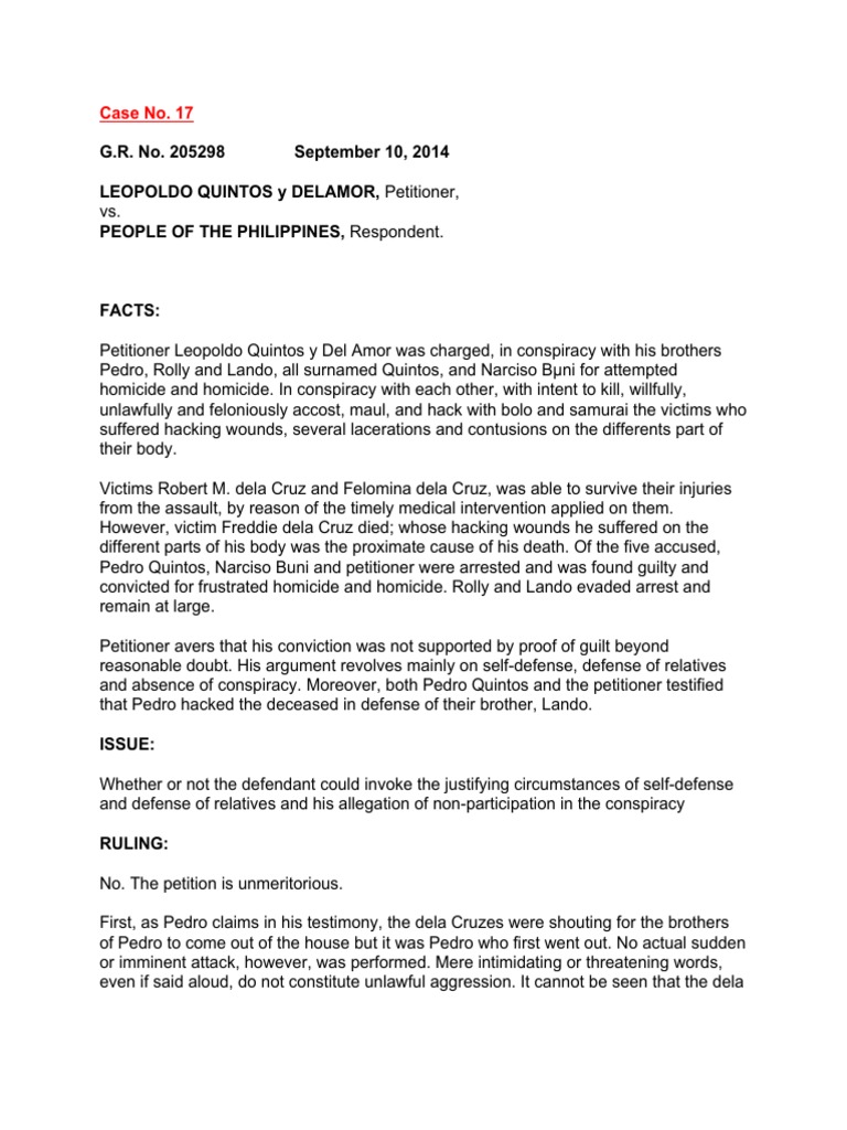 Quintos Vs People Digested PDF Self Defense Crime & Violence