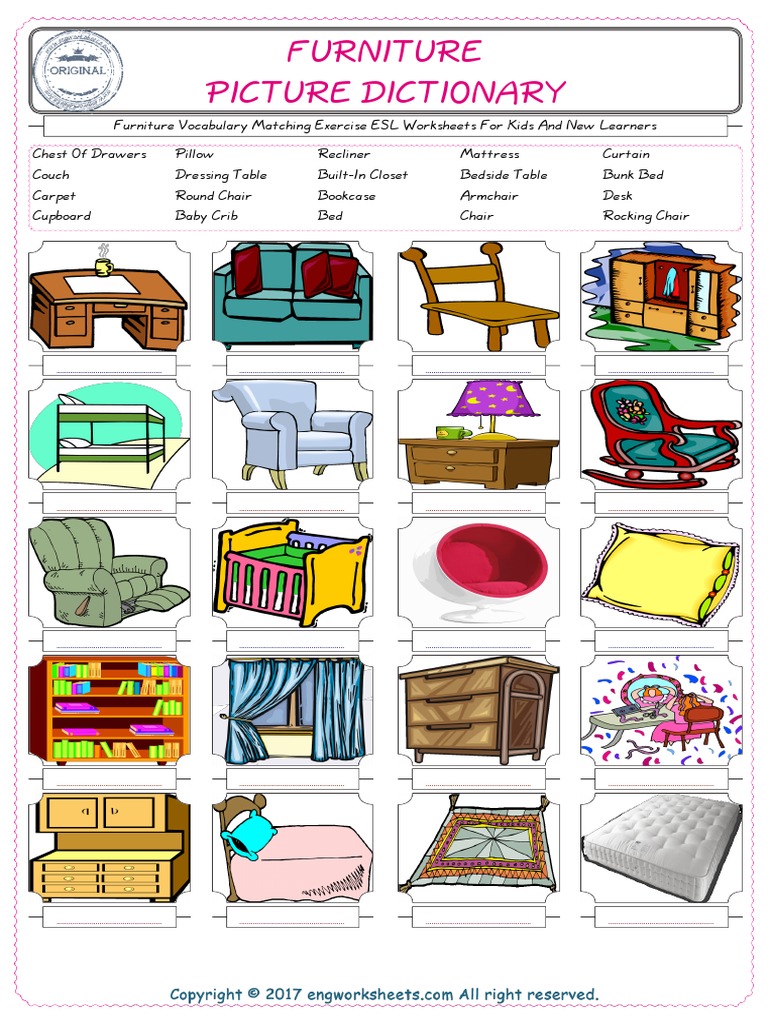 Matching Furniture Vocabulary Terms to Pictures An ESL Worksheet for