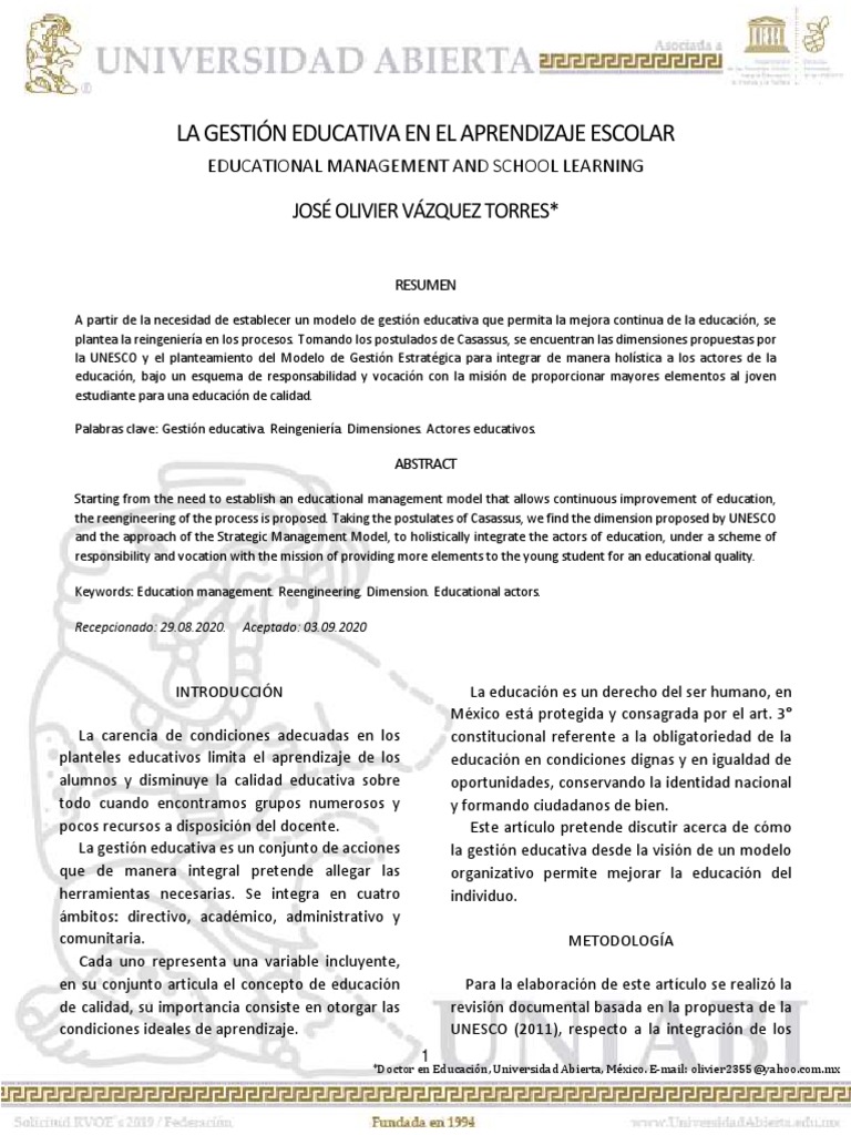La Gestión Educativa en El Aprendizaje Escolar | PDF | Planificación ...