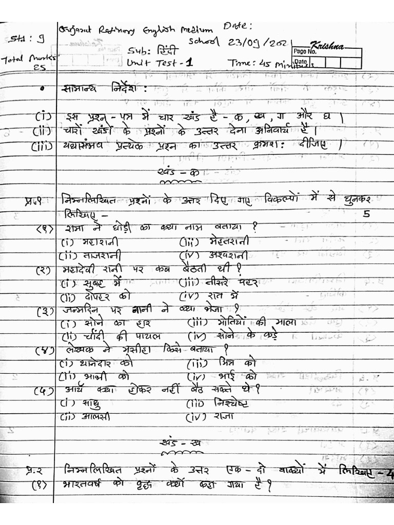 STD 9 Hindi Unit Test 1 Paper PDF