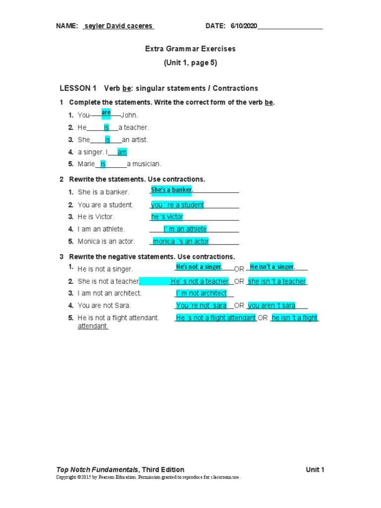 FUND UNIT - 01 - Extra - Grammar - Exercises Acum Ejercico 1 | PDF ...