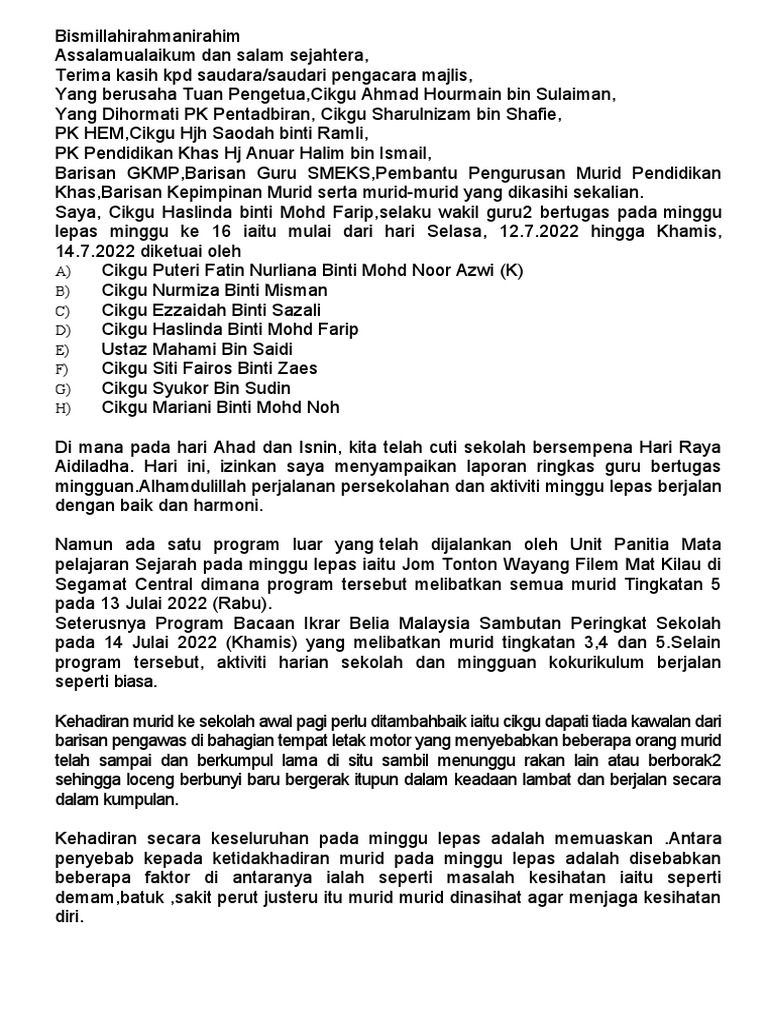 Laporan Mingguan Guru Bertugas 2022 Pdf