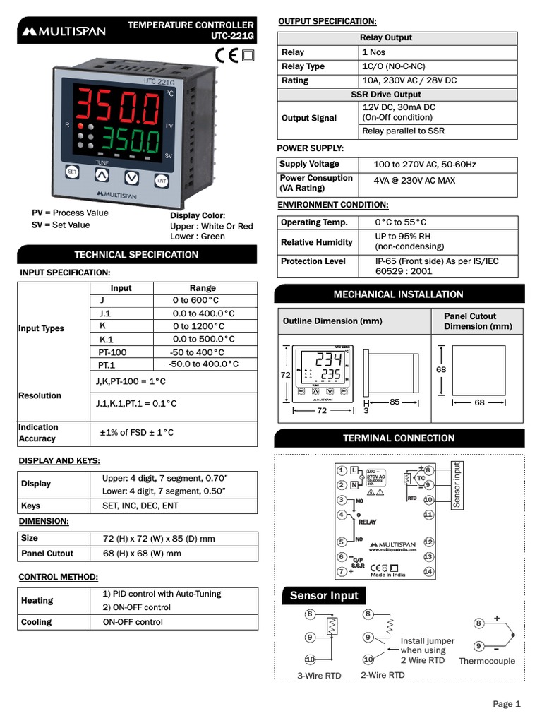 Specification for a Temperature Controller with Relay and SSR Outputs