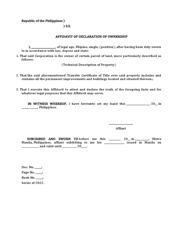 Affidavit of Declaration of Ownership PDF
