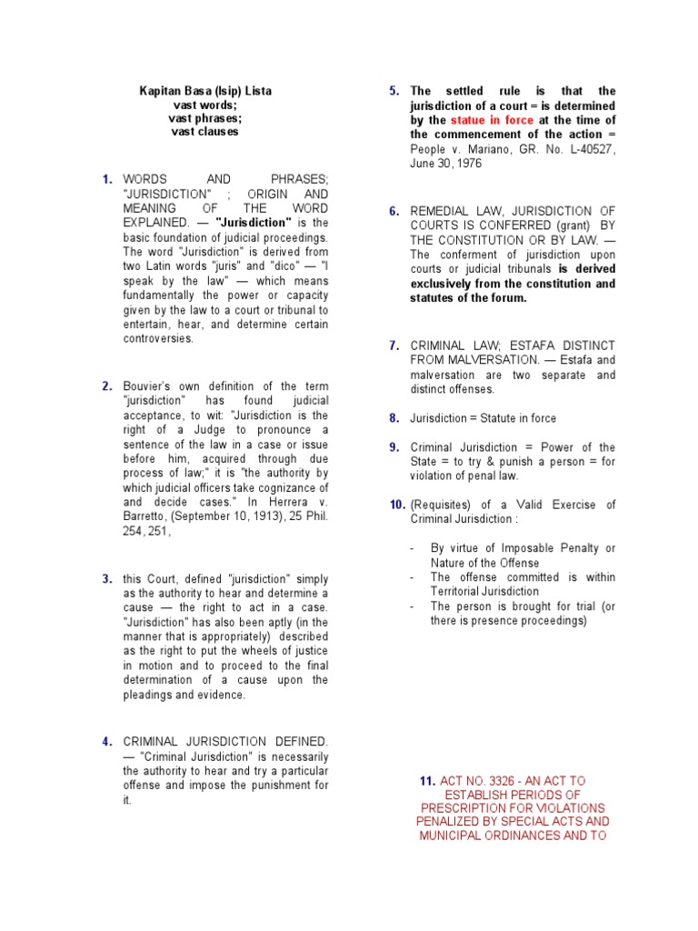 Kapitan Basa Reviewer PDF Statute Of Limitations Jurisdiction