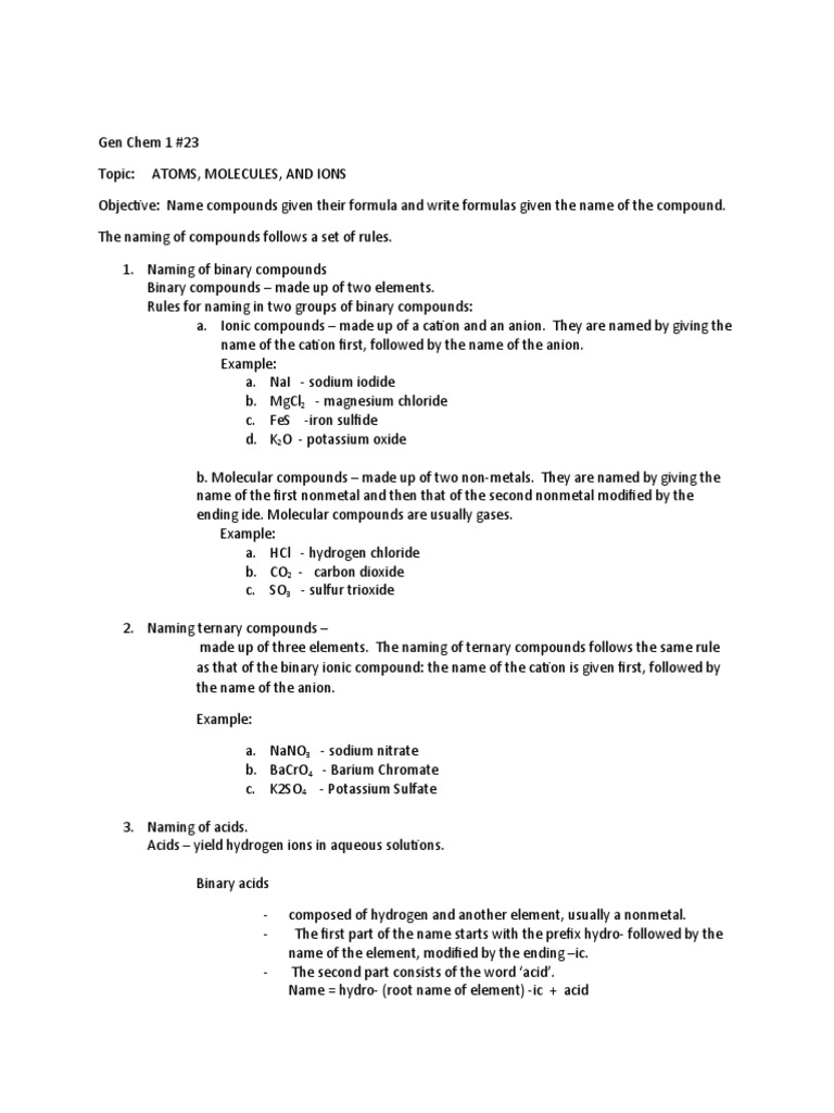 23 Hand Out in Naming Compounds PDF Chemical Compounds Acid