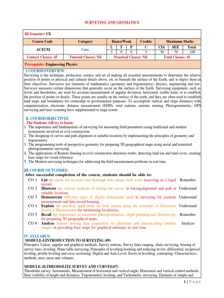 Surveying and Geomatics Course Outline | PDF | Surveying | Science