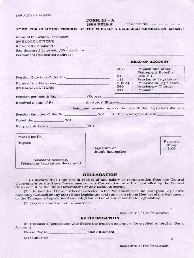 Application Form For Claiming Pension by The Wife of A Deceased Member ...