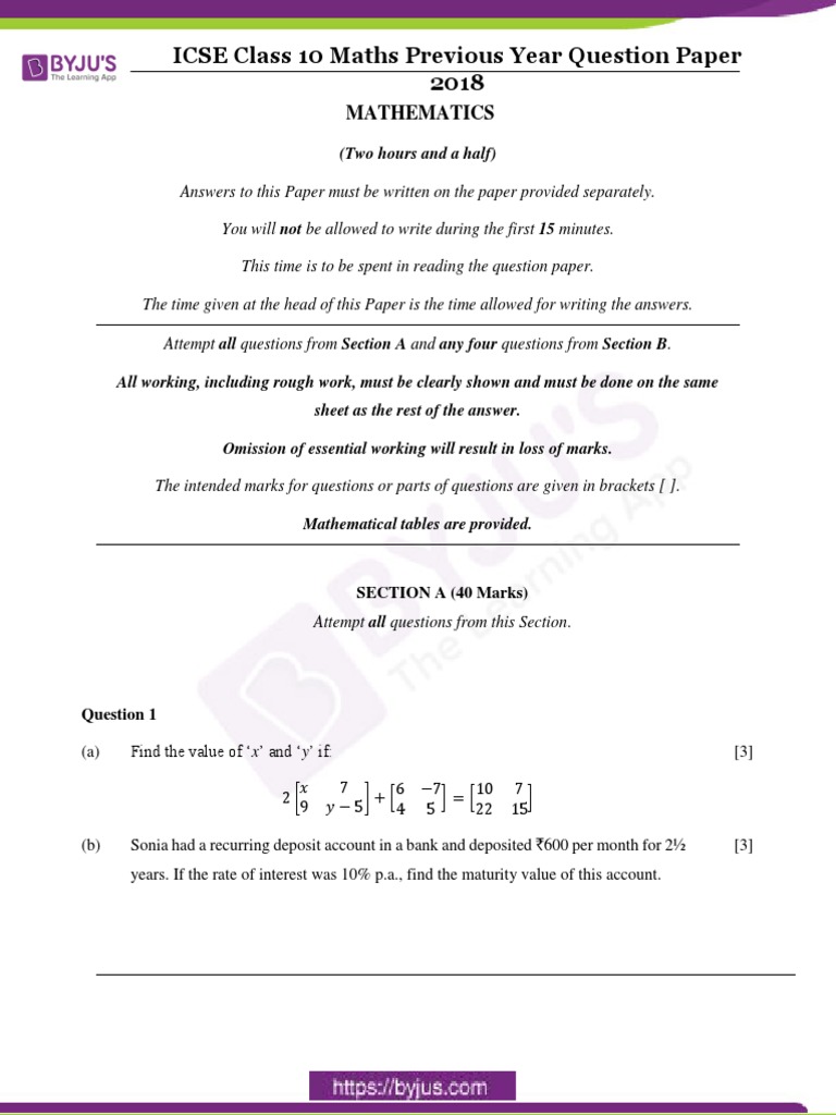 ICSE Class 10 Maths 2018 Paper | PDF | Area | Triangle