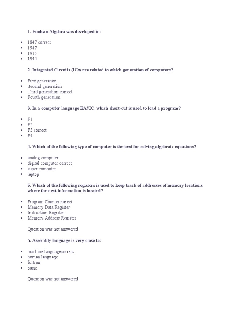 Computer Fundamentals Quiz Exploring Concepts Related to Boolean